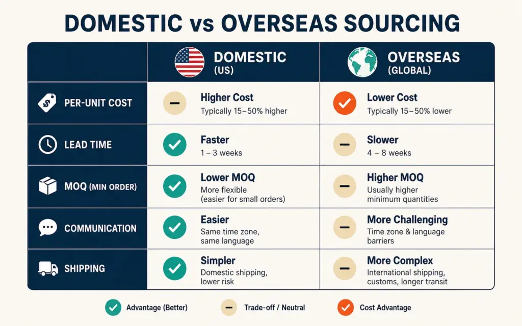 Domestic versus overseas manufacturing comparison across cost, lead time, MOQ, communication, and shipping