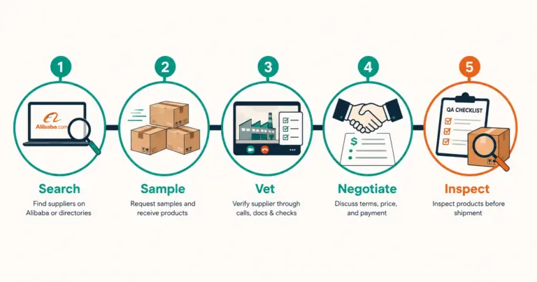 Five-step manufacturer sourcing process from search through sampling, vetting, negotiation, and inspection