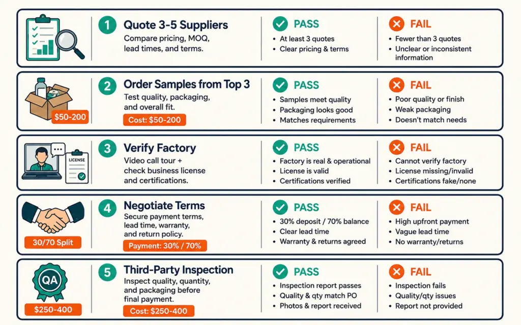 Five manufacturer vetting steps as checklist cards with costs and pass/fail criteria