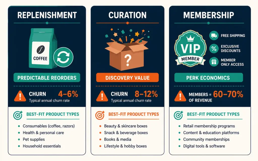Three subscription models compared: replenishment, curation, and membership with churn profiles