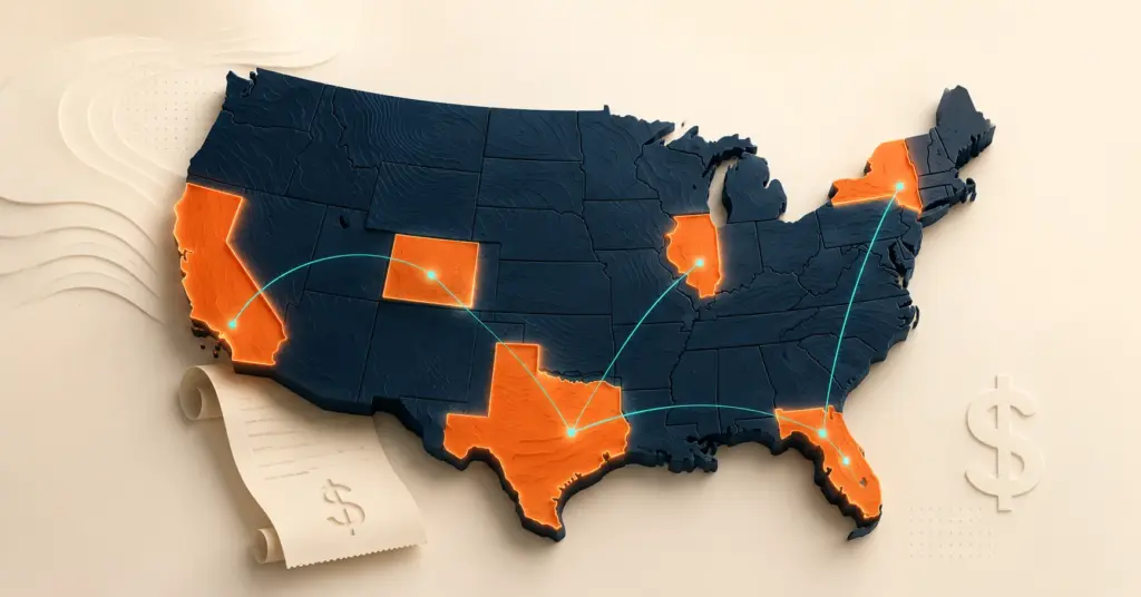 A US map with select states glowing to represent sales tax nexus activating across state lines