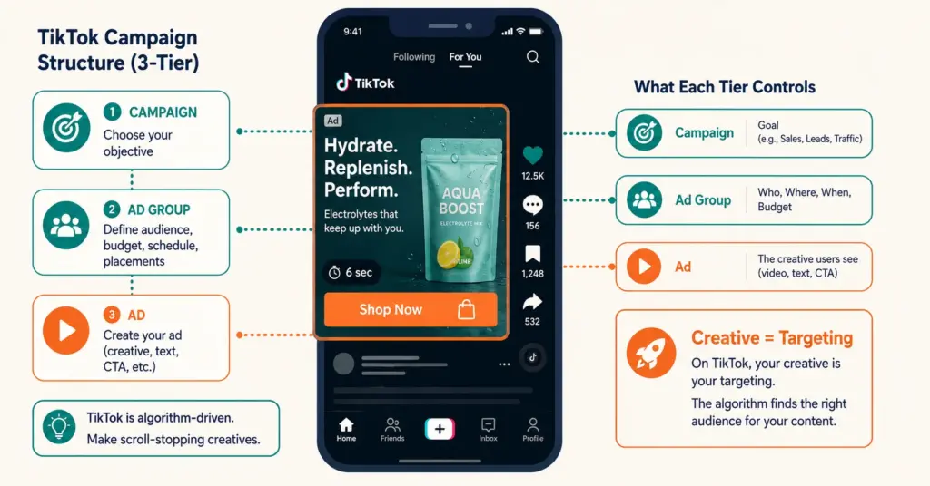 TikTok ad in feed with campaign structure tiers and creative-as-targeting emphasis