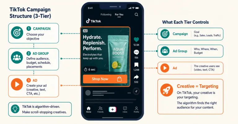 TikTok ad in feed with campaign structure tiers and creative-as-targeting emphasis
