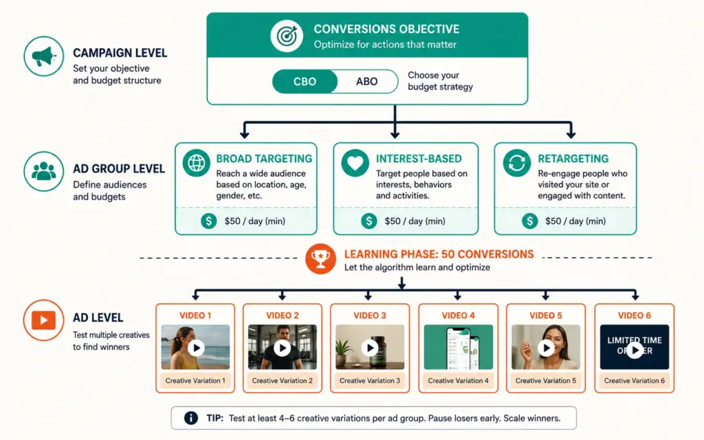 TikTok Ads Manager three-tier structure with campaign objectives, ad group targeting, and creative variations