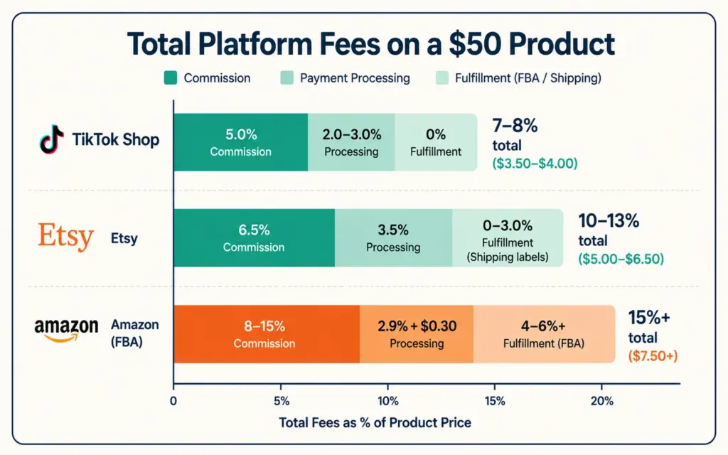 Platform fee comparison showing TikTok Shop at 7-8% versus Etsy 10-13% and Amazon 15%+