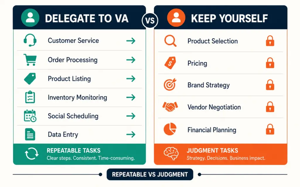 Delegation map splitting repeatable VA tasks from founder-only judgment tasks