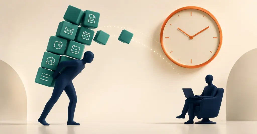 Repetitive tasks lifting from a founder toward a remote assistant, representing delegation and reclaimed hours
