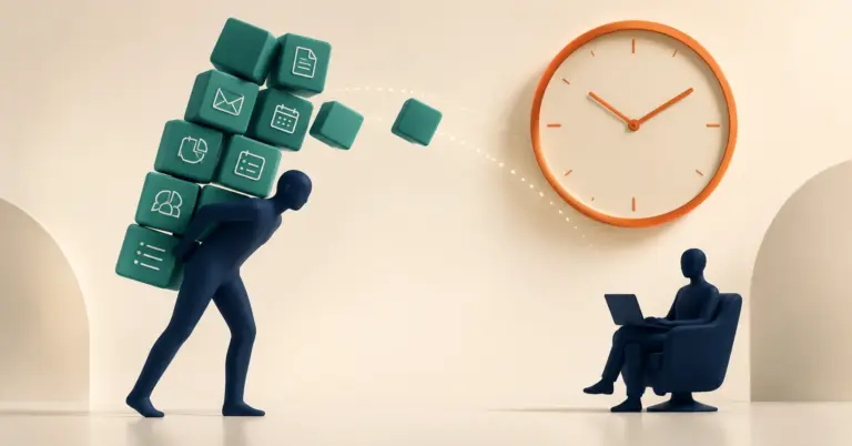 Repetitive tasks lifting from a founder toward a remote assistant, representing delegation and reclaimed hours