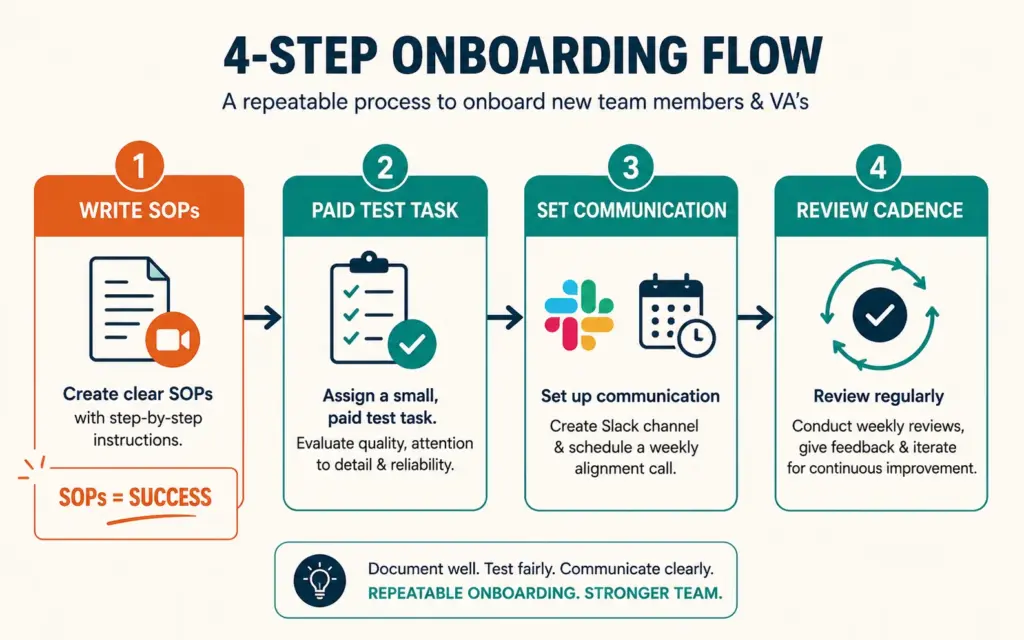 Four-step VA onboarding: write SOPs, paid test task, set communication, establish review cadence