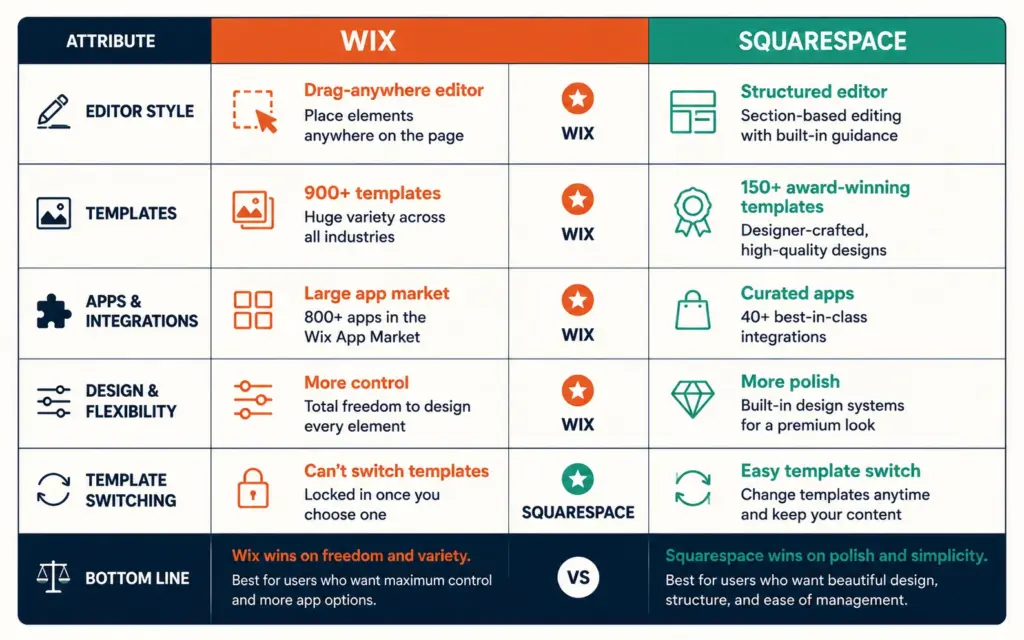 Wix versus Squarespace comparison across editor, templates, apps, control, and template switching