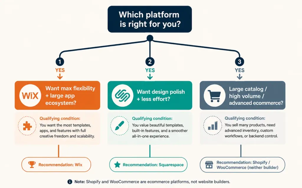 Decision tree choosing between Wix, Squarespace, or a dedicated platform based on store needs