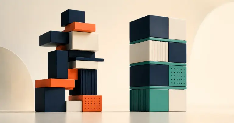 Two abstract builder towers side by side representing Wix flexibility versus Squarespace structure