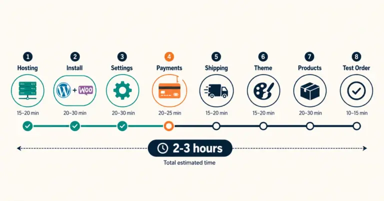 WooCommerce setup timeline with 8 steps from hosting through test order in 2-3 hours