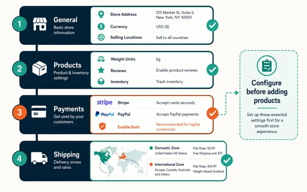 WooCommerce settings configuration flow through General, Products, Payments, and Shipping tabs