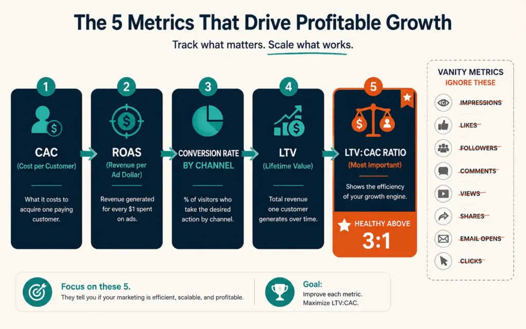 Five marketing metrics that matter (CAC, ROAS, conversion, LTV, LTV:CAC) versus vanity metrics to ignore