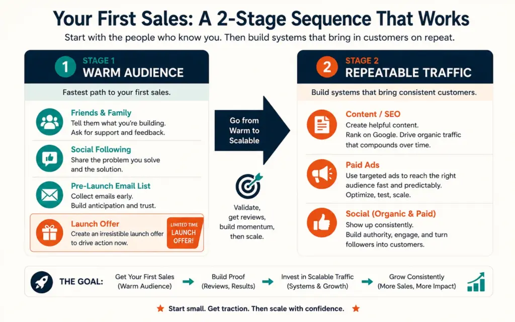 First-sales sequence from warm audience with a launch offer to repeatable traffic sources