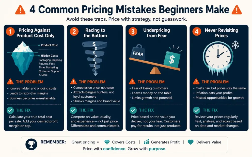Four beginner pricing mistakes: product-cost-only, racing to the bottom, underpricing, and never revisiting
