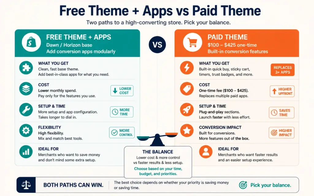 Free theme plus apps versus paid theme comparison showing the built-in features tradeoff