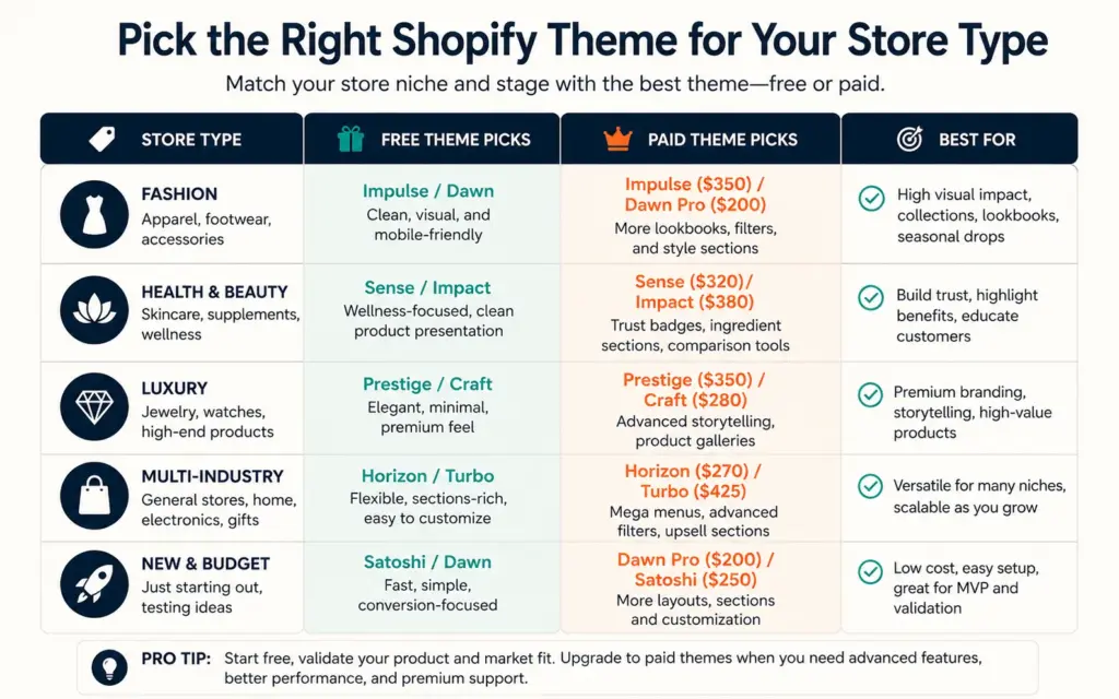 A matrix matching store types to recommended free and paid Shopify themes