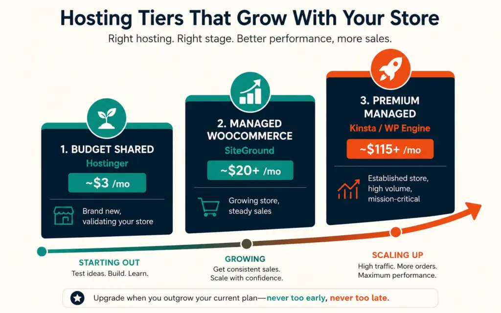 Three WooCommerce hosting tiers matched to store stages from budget shared to premium managed